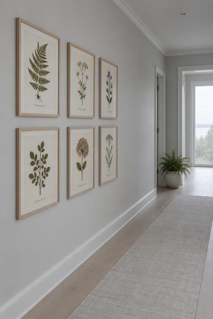 Grid of matching frames holding botanical prints along a cool-toned hallway wall.