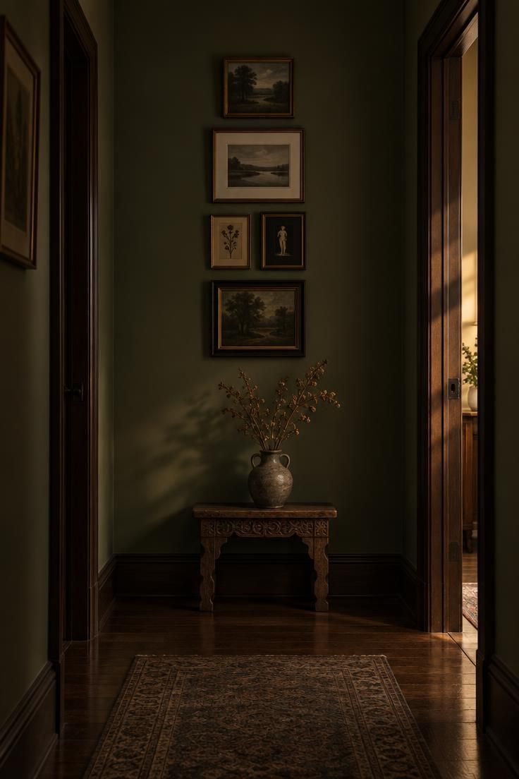 Centered cluster of frames on a hallway end wall under moody low light.
