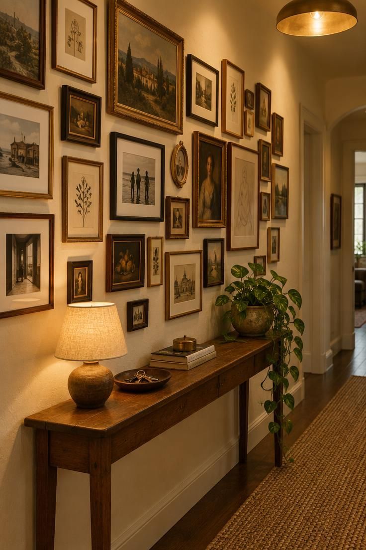 Dense salon wall of mixed frames above a narrow hall console in warm light.