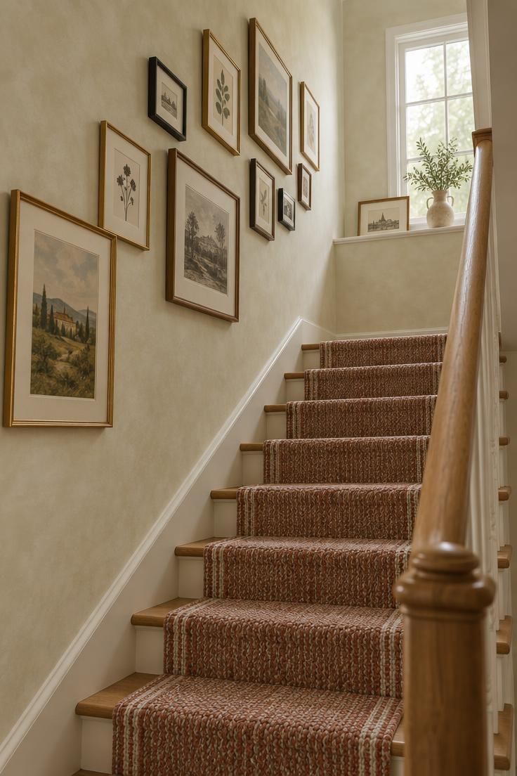 Stepped frame arrangement following the stair rake in a softly lit stairwell.