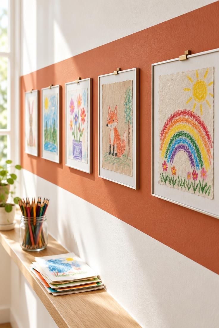 Identical clip frames holding children's art on a painted band along a hallway wall.