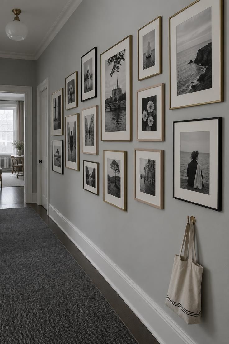 Black-and-white photographs in mismatched vintage frames with cream mats on a hallway wall.