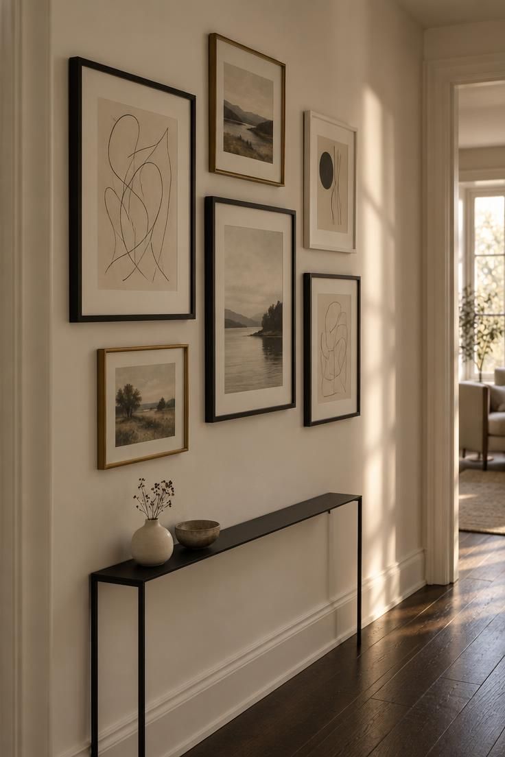 Monochrome framed cluster in black, brass, and white on a hallway wall.