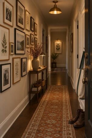 Warm hallway gallery wall in mixed frames above a narrow console under soft evening light.