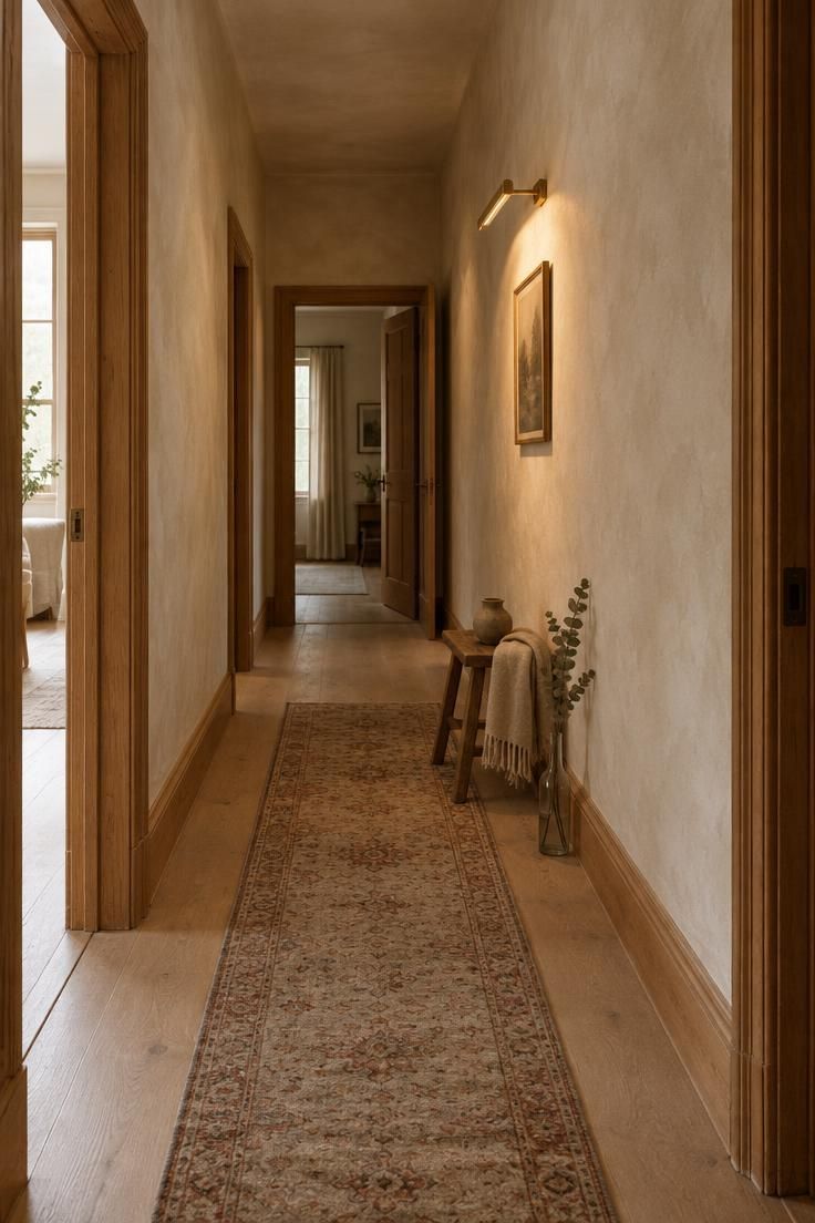 12 Warm Hallway Makeover Ideas for a Cozy Entryway 1 Narrow hallway with mottled cream limewash walls, pale oak flooring, an oatmeal and rust runner, and one brass picture light casting a warm pool at the far end beside a low stool with a stoneware vessel.