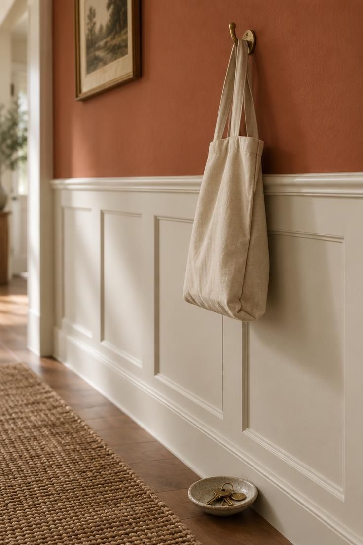 12 Warm Hallway Makeover Ideas for a Cozy Entryway 2 Detail of a hallway wall with a terracotta upper section meeting warm off-white wainscoting at a chair rail, a brass hook holding a canvas tote, and a jute runner along the floor.