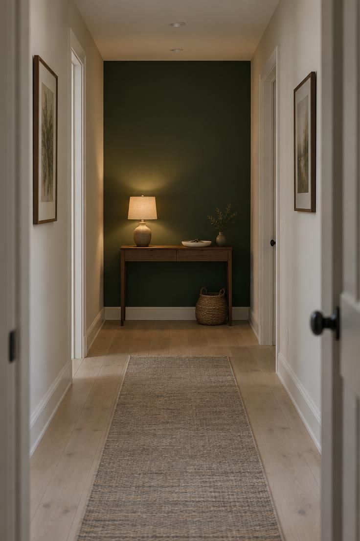 12 Warm Hallway Makeover Ideas for a Cozy Entryway 3 Long hallway view ending at a deep forest-green accent wall with a slim walnut console, a small linen-shaded lamp, and a shallow key tray, framed from a doorway.
