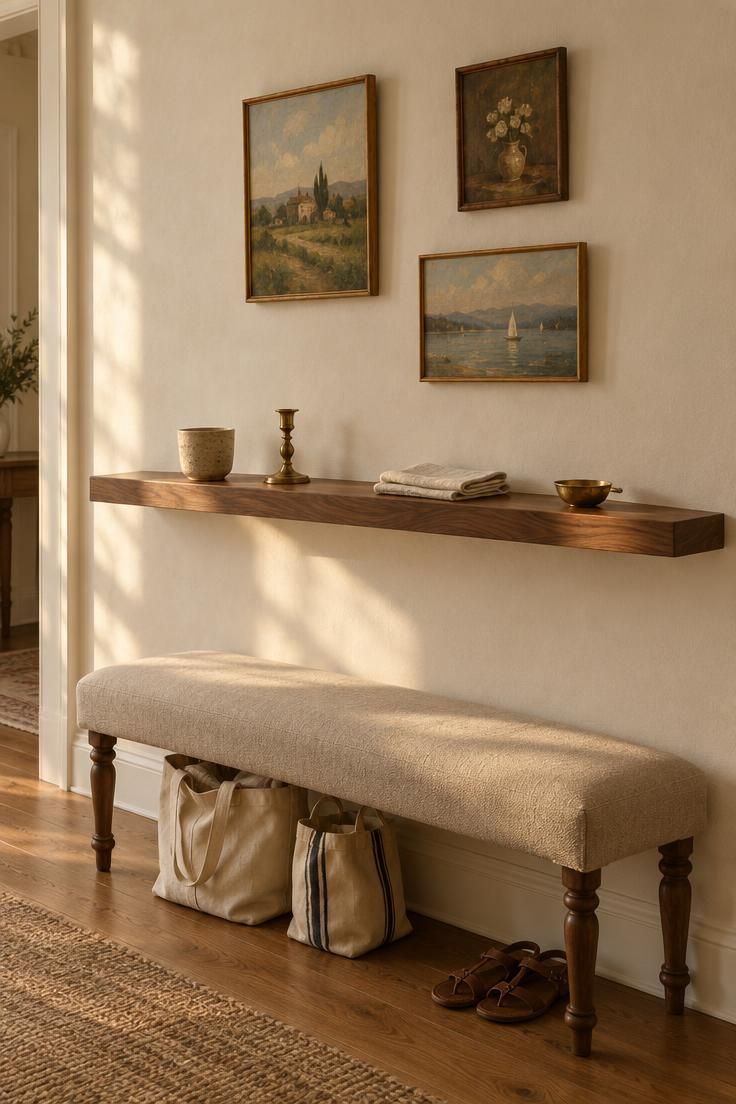 12 Warm Hallway Makeover Ideas for a Cozy Entryway 4 Hallway wall with a slim walnut floating shelf styled with small objects, three small oil paintings above in mismatched frames, and a low linen bench with canvas totes stored beneath.