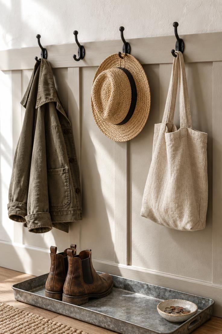 12 Warm Hallway Makeover Ideas for a Cozy Entryway 5 Close view of a putty-painted board-and-batten rail with five wrought-iron hooks holding a canvas jacket, straw hat, and linen tote, above a zinc boot tray with leather boots.