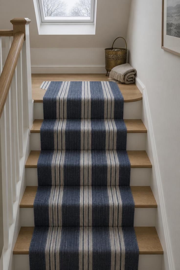 12 Warm Hallway Makeover Ideas for a Cozy Entryway 6 Staircase treads with a flat-weave indigo and off-white striped runner running up the center, oak treads visible on each side, and white painted risers with a brass stair basket on the landing.