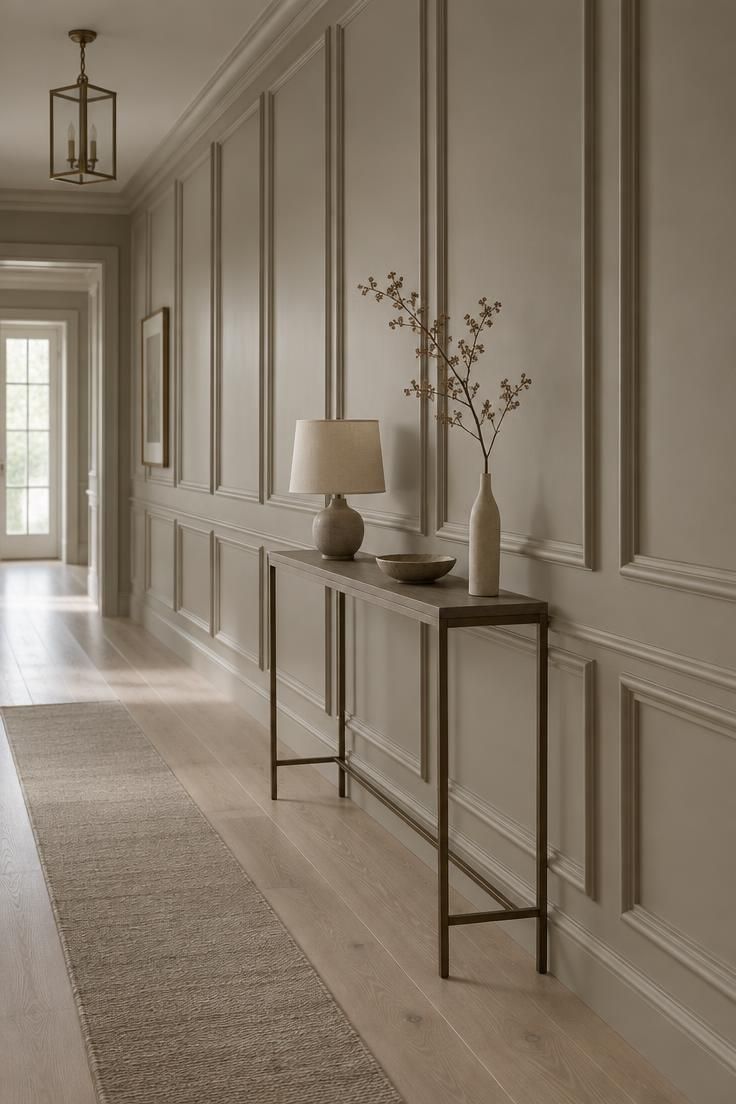 12 Warm Hallway Makeover Ideas for a Cozy Entryway 7 Hallway wall with a grid of picture-frame molding painted tone-on-tone in warm greige, a slim console with a linen-shaded lamp and dried branch, and a narrow runner on pale wood flooring.