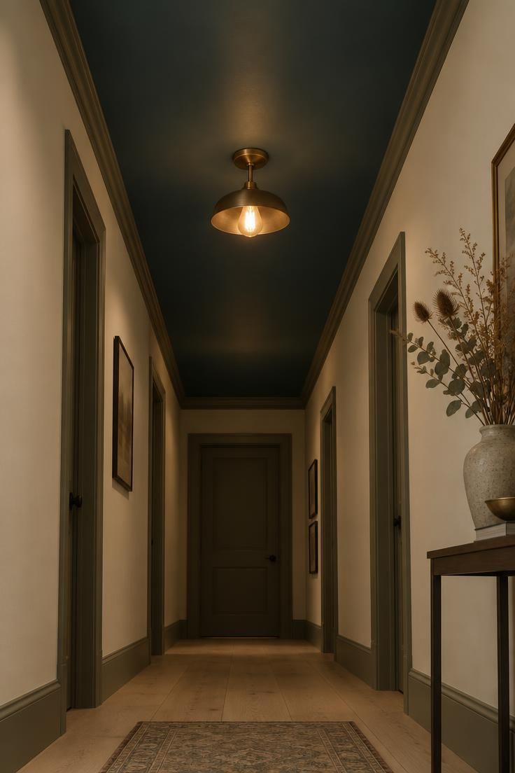 12 Warm Hallway Makeover Ideas for a Cozy Entryway 8 Upward view of a narrow hallway ceiling painted muted deep blue-green with a semi-flush brass fixture, cream walls, and a mid-tone trim transition.