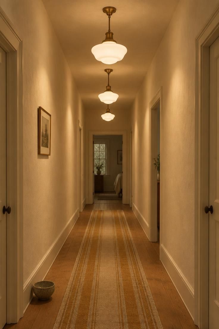 12 Warm Hallway Makeover Ideas for a Cozy Entryway 9 Narrow hallway with three opal-glass schoolhouse pendants in brass fittings hung in a row down the ceiling, a warm striped runner beneath, and warm off-white walls.