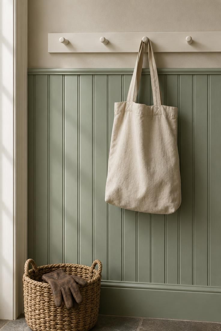 12 Warm Hallway Makeover Ideas for a Cozy Entryway 10 Detail of vertical sage-green beadboard paneling up to a dado line with a warm white peg rail above, a canvas tote on one peg, and a woven basket on the floor.