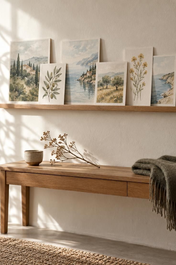 12 Warm Hallway Makeover Ideas for a Cozy Entryway 11 Oak picture ledge on a warm white plaster wall holding leaning unframed watercolor prints in muted tones, above a low console with a ceramic cup and dried branch.