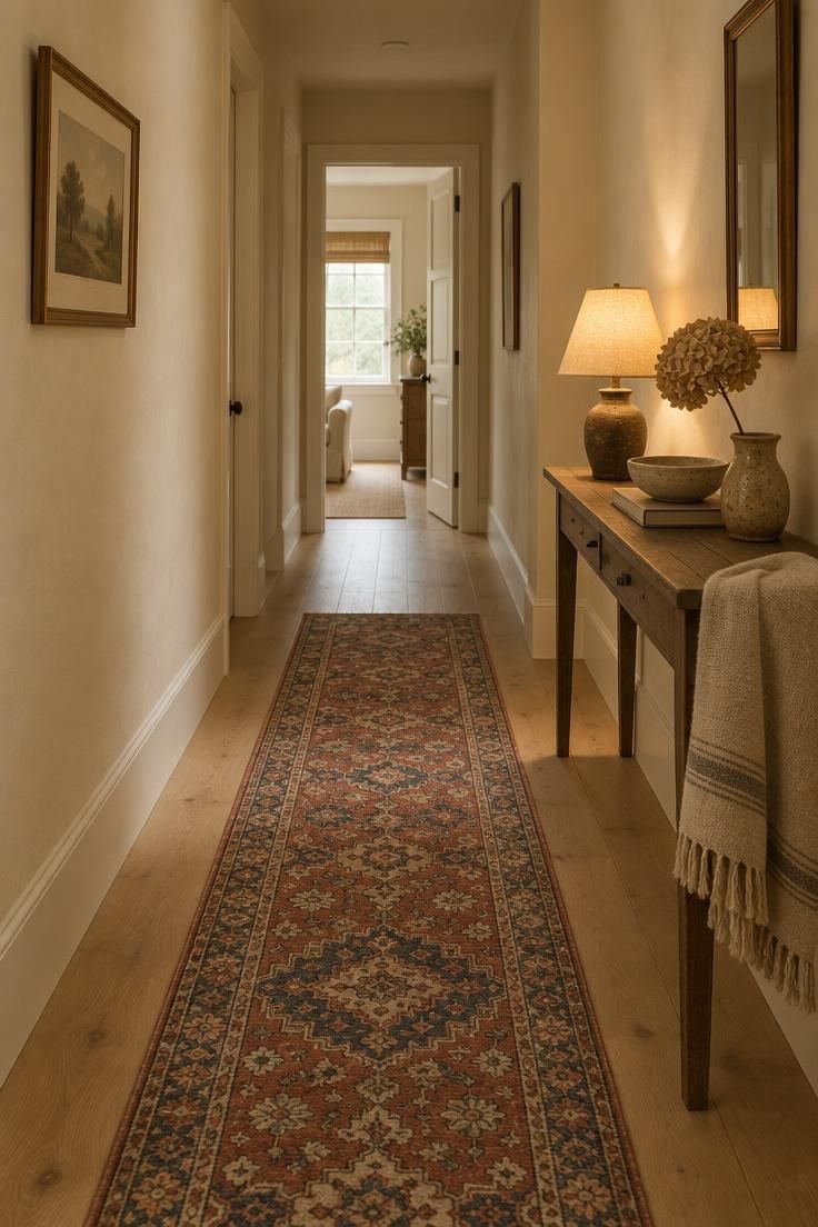 12 Warm Hallway Makeover Ideas for a Cozy Entryway 12 Long hallway with a faded red and navy antique runner on pale oak flooring, warm off-white walls, a small framed landscape on one side, and a slim console with a table lamp on the other.