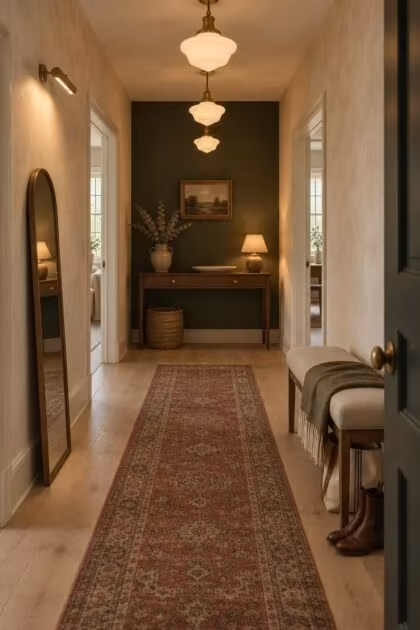 12 Warm Hallway Makeover Ideas for a Cozy Entryway Cozy hallway with cream limewash walls, a deep green accent wall at the far end, a walnut console with a linen lamp, a faded brick antique runner on pale oak, schoolhouse pendants overhead, and a low bench with a folded wool throw.