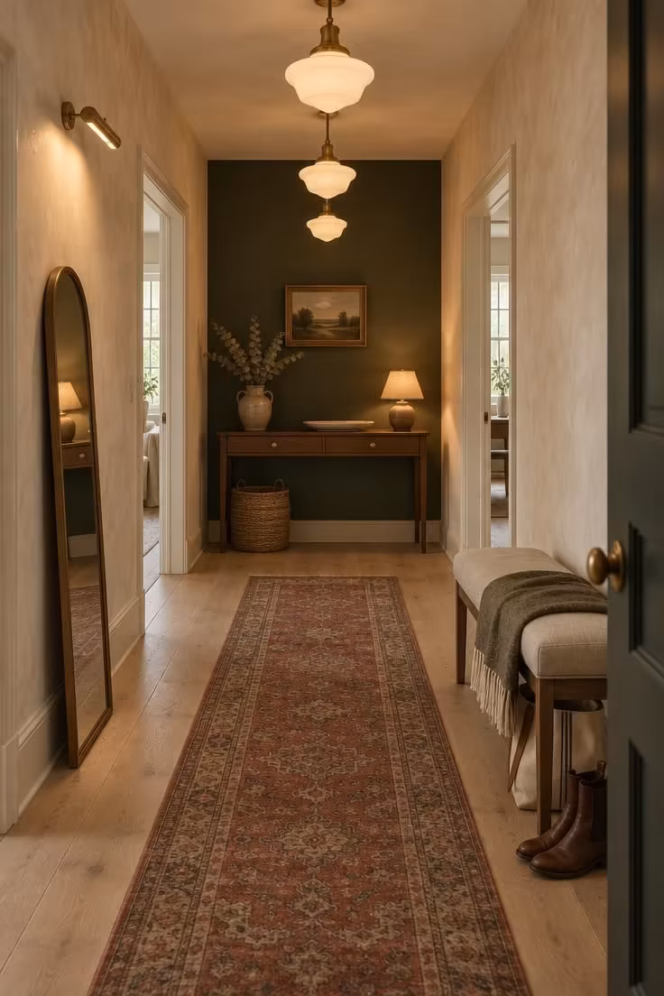 Simple Spaces 16 Cozy hallway with cream limewash walls, a deep green accent wall at the far end, a walnut console with a linen lamp, a faded brick antique runner on pale oak, schoolhouse pendants overhead, and a low bench with a folded wool throw.
