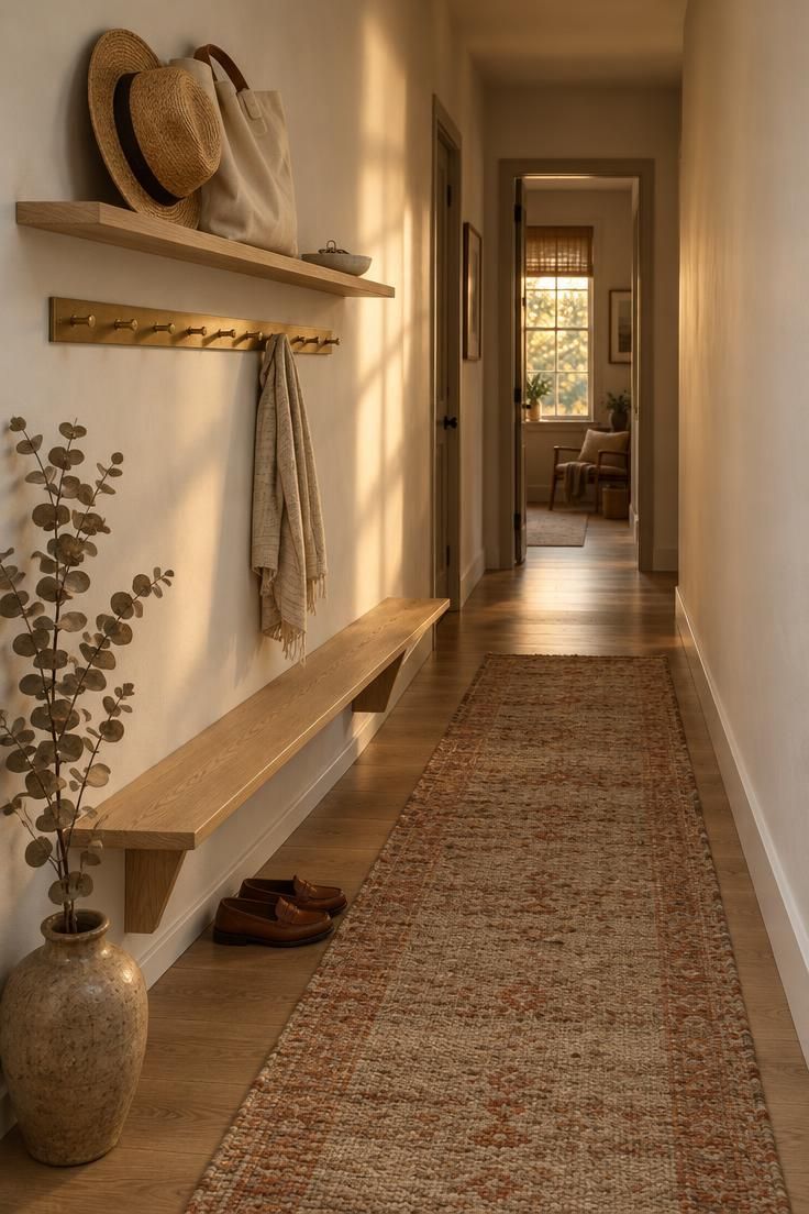 11 Clever Hallway Mudroom Ideas to Tame Entryway Clutter 1 A narrow hallway with a shallow white oak bench, brass peg rail, and slim shelf on one wall, a flatweave runner on the floor, and a bare opposite wall.