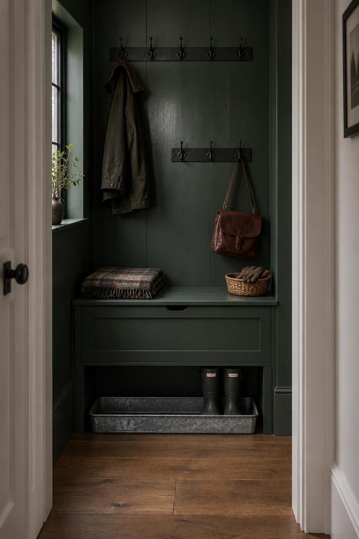 11 Clever Hallway Mudroom Ideas to Tame Entryway Clutter 2 A deep green hallway alcove with two black hook strips, a lift-up bench, and a metal boot tray, framed by white hallway walls and warm wood flooring.