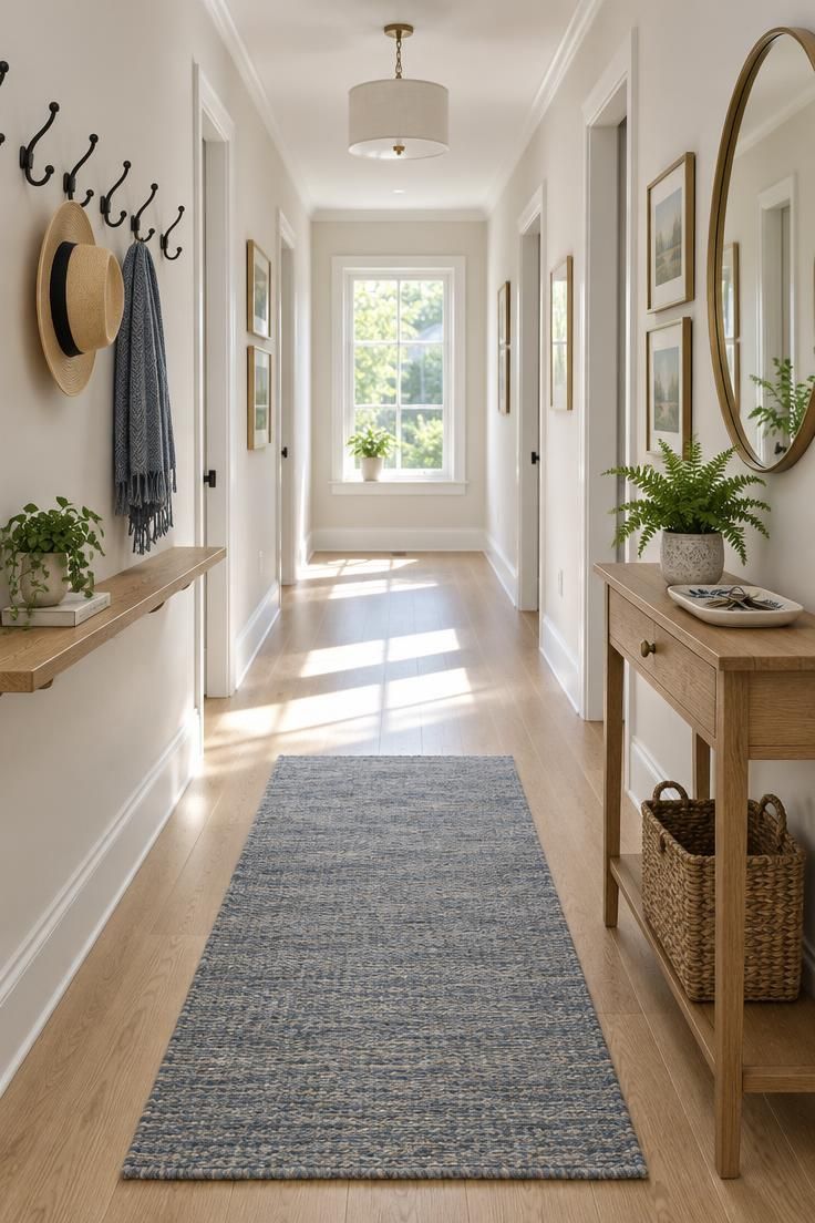 11 Clever Hallway Mudroom Ideas to Tame Entryway Clutter 3 A wide hallway with coat hooks and a shelf on one wall, a shallow console with a mirror on the other, and a wool runner down the clear center.