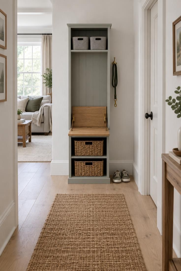 11 Clever Hallway Mudroom Ideas to Tame Entryway Clutter 4 A pale gray freestanding locker column with an open top shelf, fold-down wooden seat, and basket-filled cubbies at the end of a hallway.