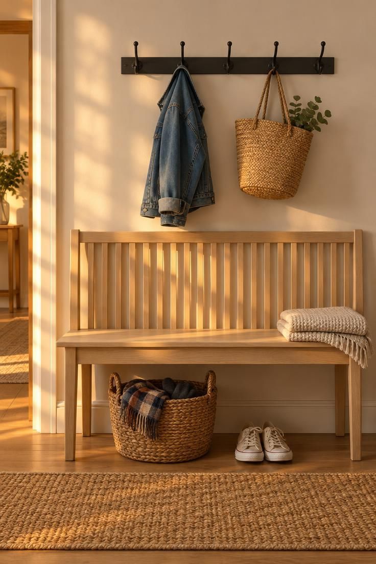 11 Clever Hallway Mudroom Ideas to Tame Entryway Clutter 5 A light ash hallway bench with a vertical slatted back, black wall hooks above, a seagrass basket underneath, and a jute runner in front.