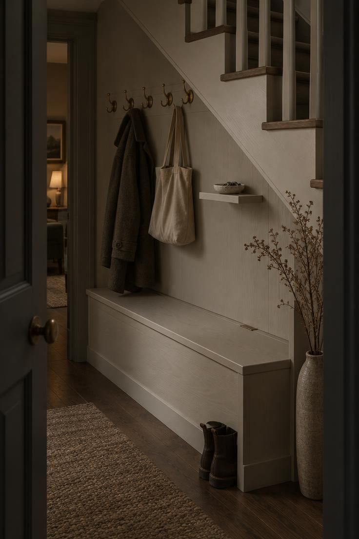 11 Clever Hallway Mudroom Ideas to Tame Entryway Clutter 6 A hallway niche under a staircase with a hinged lift-top bench, brass hooks on the stair wall, and a small shelf with a key dish.