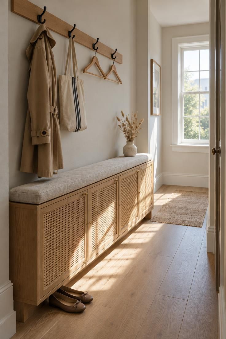 11 Clever Hallway Mudroom Ideas to Tame Entryway Clutter 7 A shallow cane-front shoe cabinet with a linen cushion on top, a long wooden hook rail above, and bright midday light in a narrow hallway.
