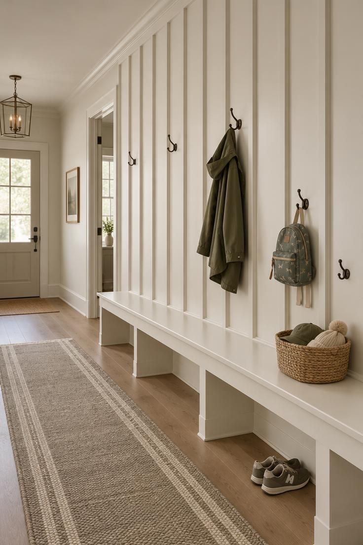 11 Clever Hallway Mudroom Ideas to Tame Entryway Clutter 8 A hallway wall in floor-to-ceiling white board-and-batten with a built-in bench at the base, hooks at two heights, and a muted runner.