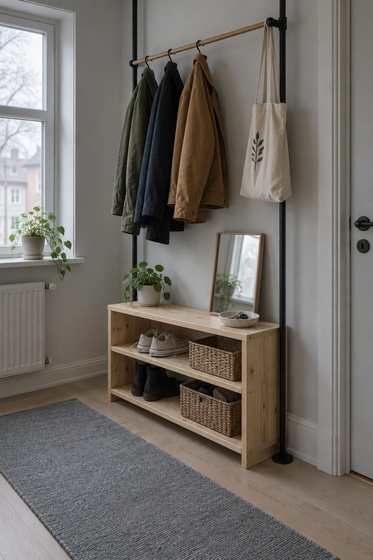 11 Clever Hallway Mudroom Ideas to Tame Entryway Clutter 9 A rental hallway with a freestanding pine shoe shelf, a tension-mounted coat rack, a leaning mirror, and a washable grey runner.