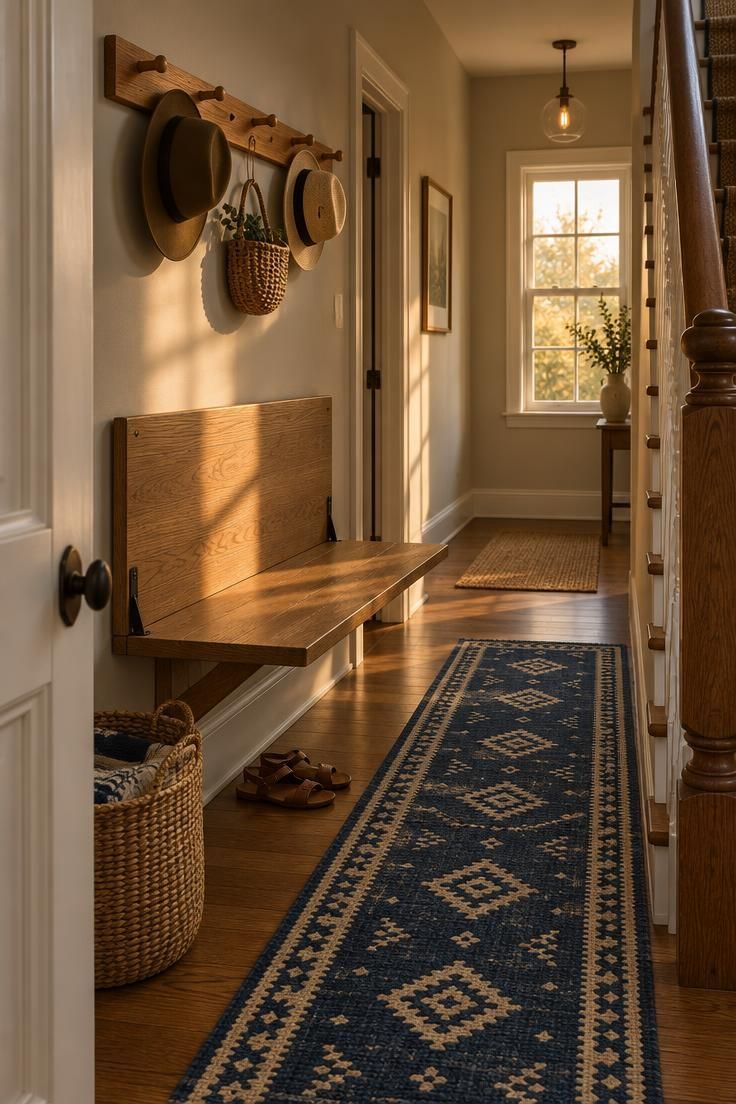 11 Clever Hallway Mudroom Ideas to Tame Entryway Clutter 10 A hallway beside a staircase with a folded-down wall-mounted bench, peg rail above, woven basket on the floor, and a geometric runner leading to the stairs.