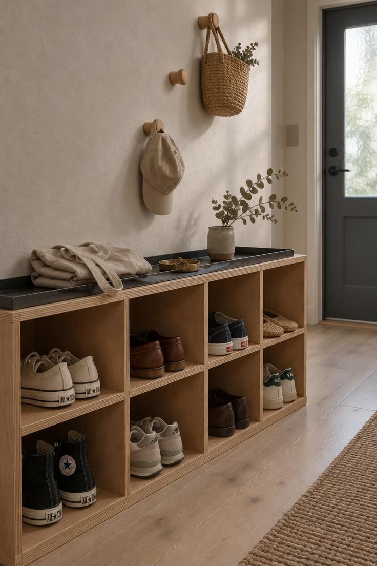 11 Clever Hallway Mudroom Ideas to Tame Entryway Clutter 11 A hallway run of open beech plywood shoe cubbies with a slim blackened-steel tray above and round beech wall pegs holding a cap and woven basket.