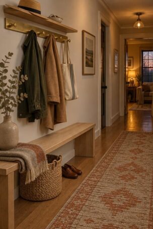 A cozy hallway drop zone with a white oak bench, brass peg rail, shelf with a hat and key dish, seagrass basket, and a warm runner leading to a lit doorway.