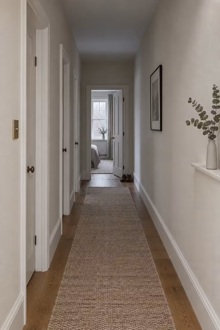 A long narrow hallway with warm off-white walls, white door casings, a woven runner, and soft overcast light.