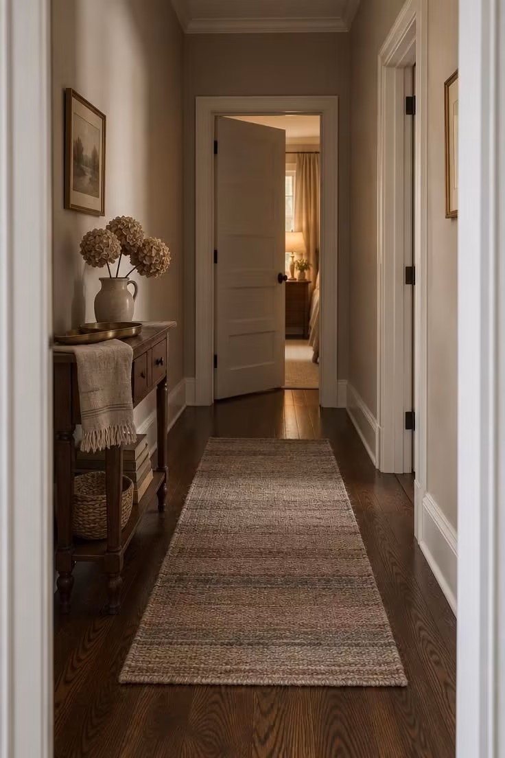 A short hallway seen from a doorway with soft greige walls, dark wood flooring, white trim, and diffused daylight.