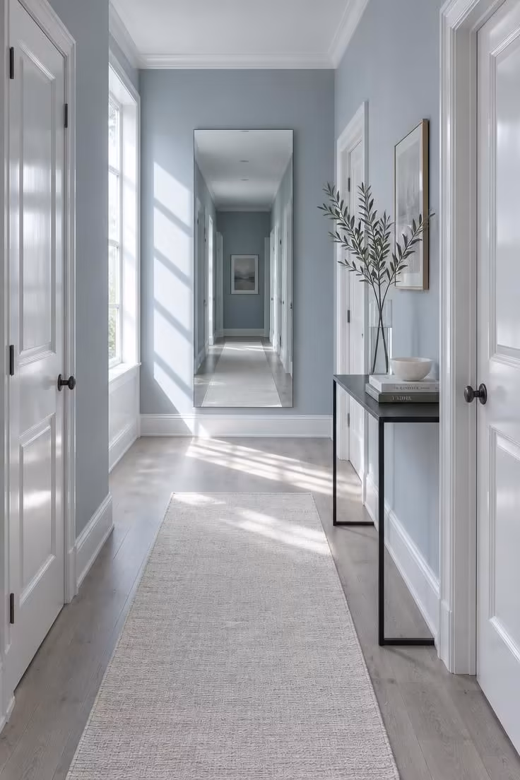 A pale blue-gray hallway with white paneled doors, a slim console, a tall mirror, and bright midday light.