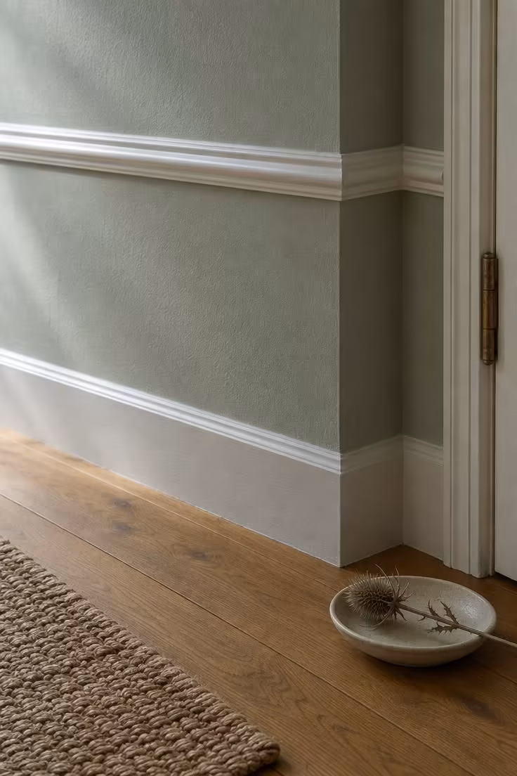 A close detail of a light sage-green wall meeting a white chair rail and warm honey-toned wood flooring.