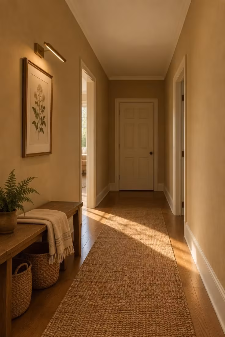 A narrow hallway with warm sand walls, a lighter cream ceiling, a woven runner, and warm afternoon light.
