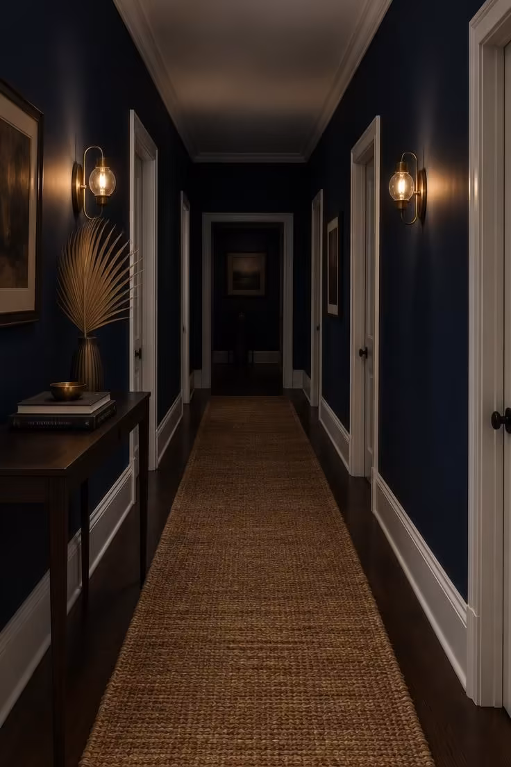 A deep navy hallway with bright white door casings, brass sconces, and a natural-fiber runner.