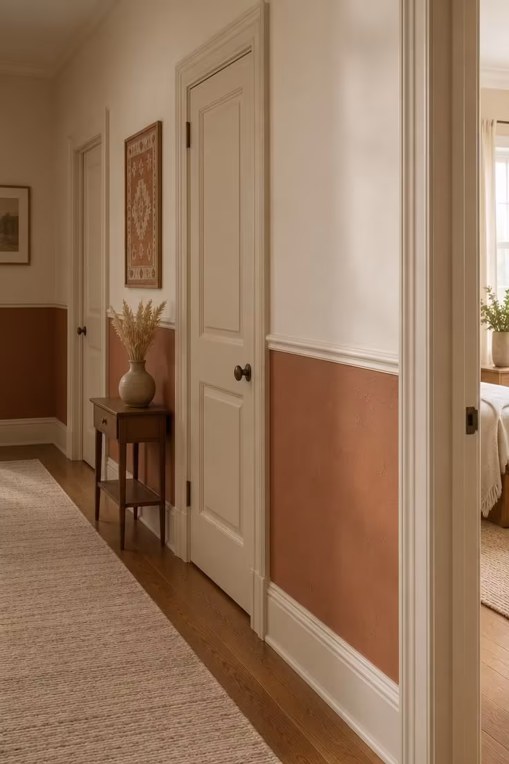 A two-tone hallway with muted clay below a chair rail and pale cream above, plus warm white trim.