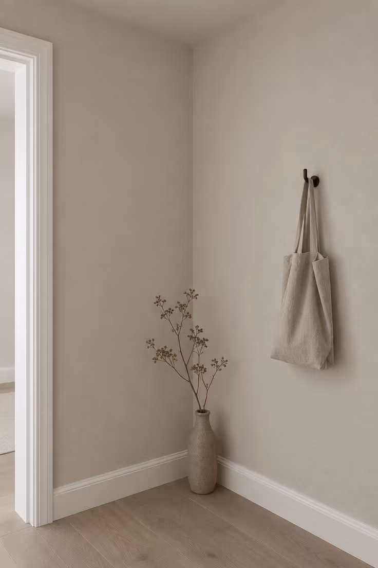 A corner detail where a soft neutral wall color continues onto the ceiling with white trim below.