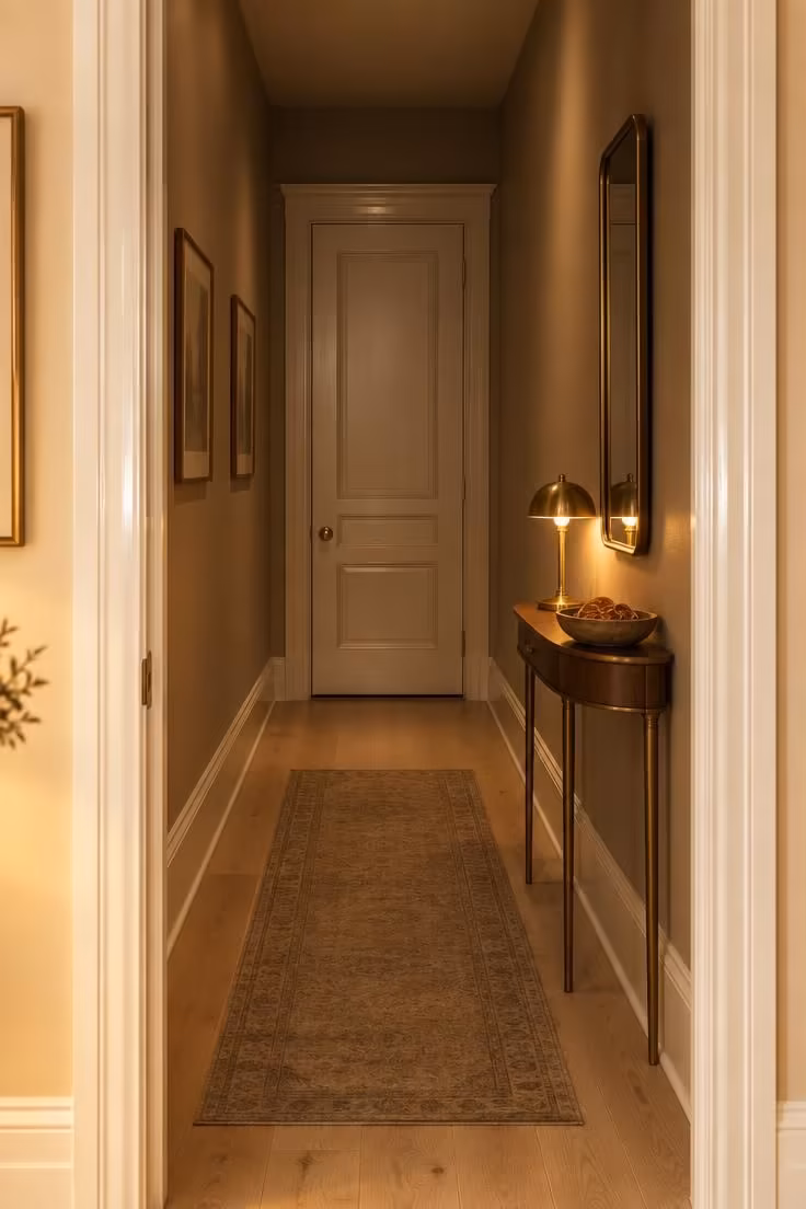 A windowless corridor with warm stone walls, semi-gloss white trim, and light wood flooring lit by borrowed light.