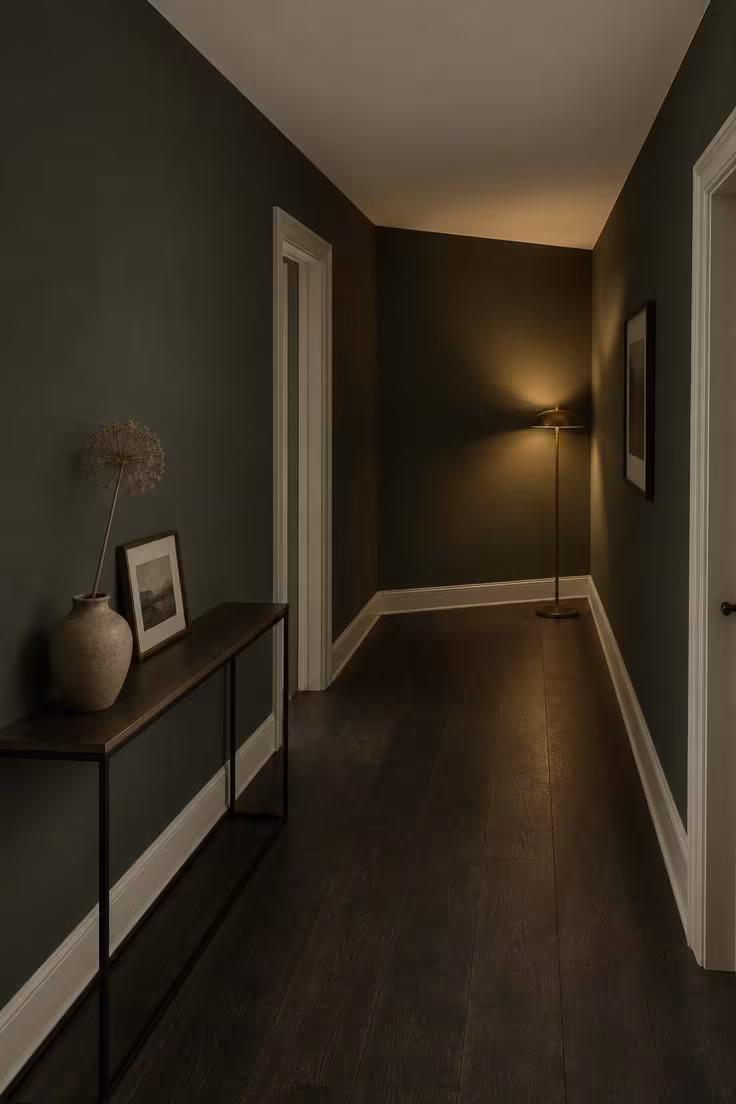 A corridor with charcoal-green walls, a light ceiling, dark flooring, and a slim console with a framed print.
