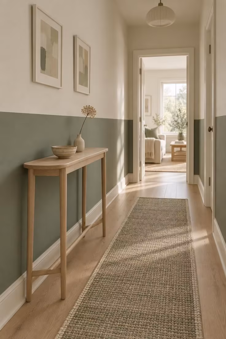 Narrow hallway with two-tone walls in ivory and muted eucalyptus, a pale wood console, and a soft woven runner.