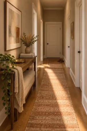 A cozy narrow hallway with warm greige walls, white trim, a striped wool runner, a slim console with books, a knit throw, and warm afternoon light.