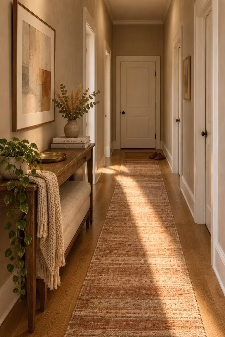 A cozy narrow hallway with warm greige walls, white trim, a striped wool runner, a slim console with books, a knit throw, and warm afternoon light.