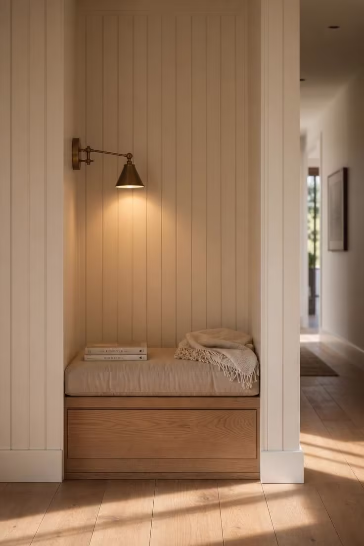 13 Charming Hallway Reading Nook Ideas for Small Homes 1 A recessed hallway reading nook with a white oak bench, oatmeal linen cushion, beadboard panels, and a brass swing-arm sconce in warm golden afternoon light.