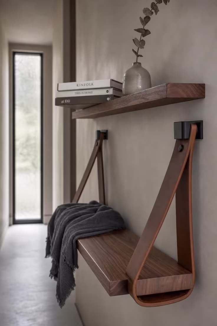 13 Charming Hallway Reading Nook Ideas for Small Homes 2 A narrow hallway nook with a walnut floating shelf above a leather-strap hanging bench in cool overcast light.