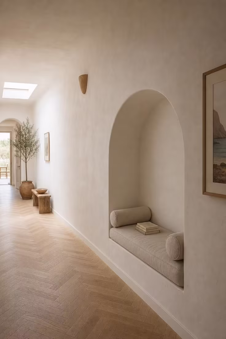 13 Charming Hallway Reading Nook Ideas for Small Homes 3 A white plaster arch in a hallway framing a deep linen cushion seat with cylinder pillows in soft diffused light.
